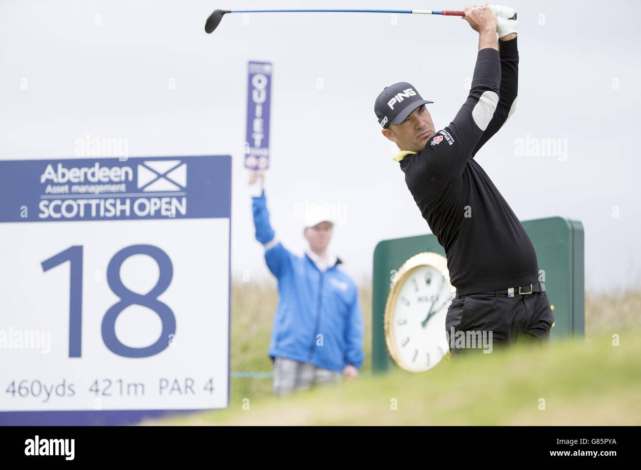 Am zweiten Tag der Scottish Open im Gullane Golf Club, East Lothian, zieht der französische Gregory Havret am 18. Ab. DRÜCKEN SIE VERBANDSFOTO. Bilddatum: Freitag, 10. Juli 2015. Siehe PA Geschichte GOLF Gullane. Der Bildnachweis sollte lauten: Kenny Smith/PA Wire. EINSCHRÄNKUNGEN: Keine kommerzielle Nutzung. Keine falsche kommerzielle Vereinigung. Keine Videoemulation. Keine Bildbearbeitung. Stockfoto