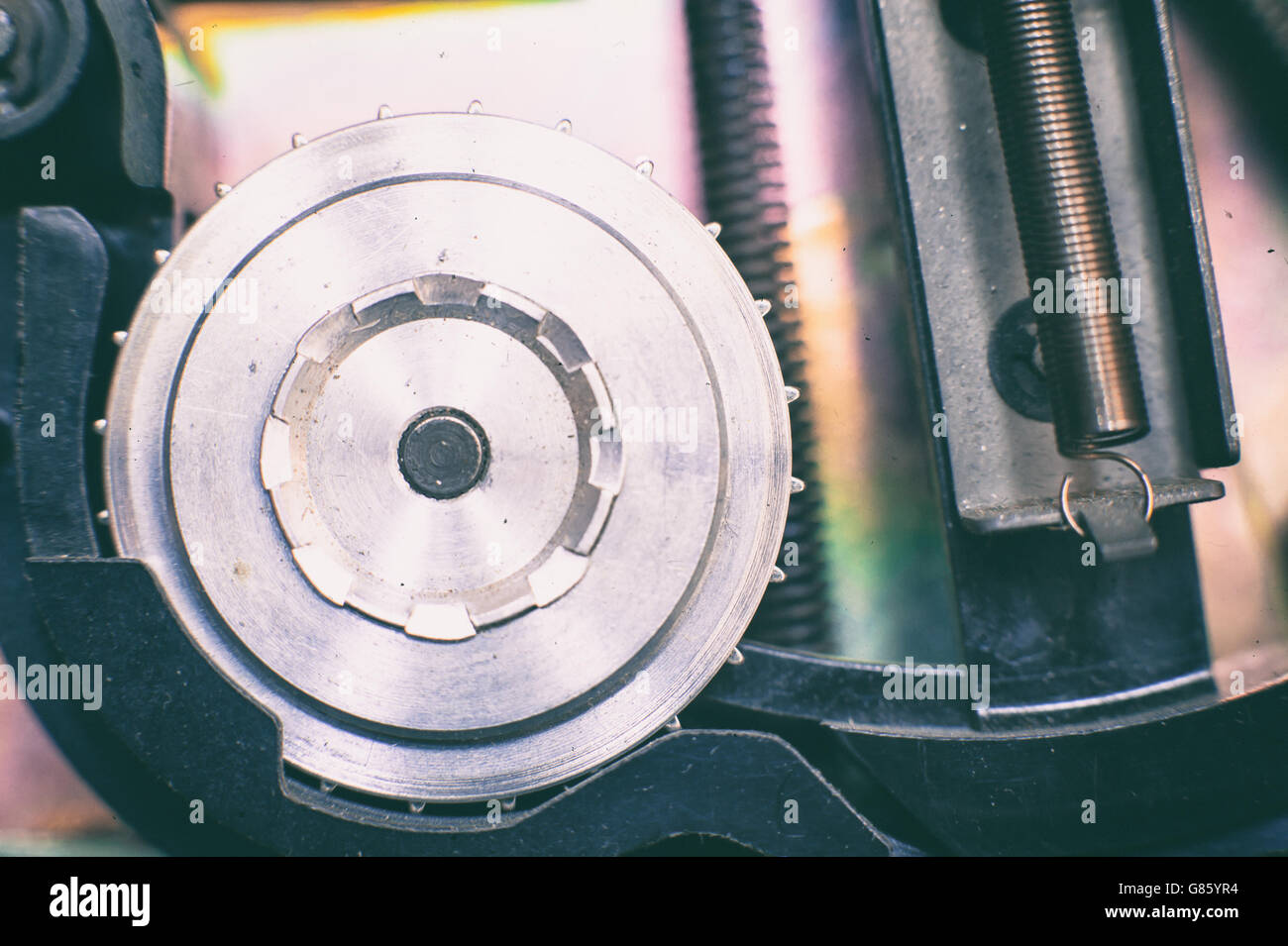 Detail der super 8 mm Projektor Spule Makro Nahaufnahme selektiven Fokus Stockfoto