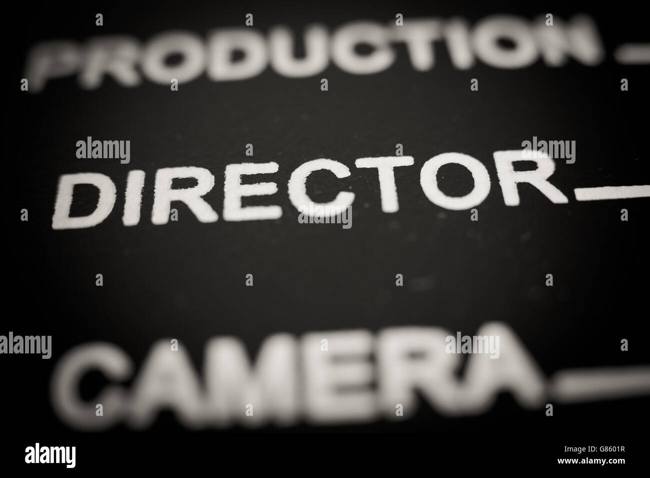 Detail des Film-Klappe mit Direktor Label, Makro schließen, selektiven Fokus schwarz / weiß Stockfoto