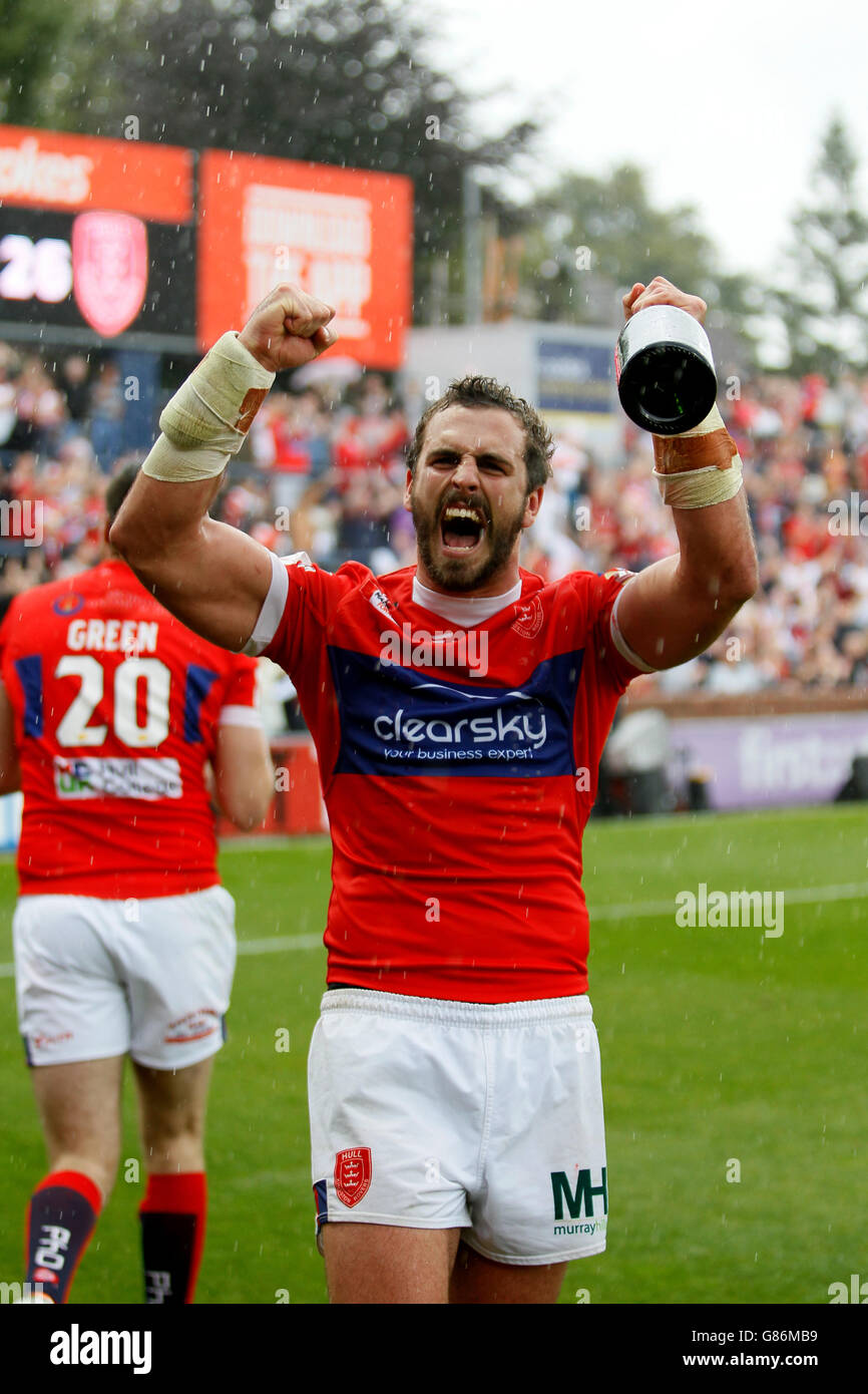 Rugby League - Halbfinale des Challenge Cup - Warrington Wolves gegen Hull Kingston Rovers - Headingley Carnegie Stadium. Josh Mantellato von Hull Kr feiert, nachdem KR das Halbfinale des Challenge Cup im Headingley Carnegie Stadium, Leeds, gewonnen hat. Stockfoto