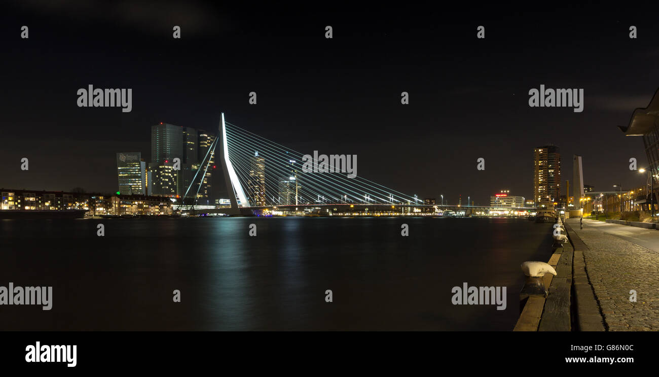 Erasmus-Brücke und Skyline bei Nacht, Rotterdam, Holland Stockfoto