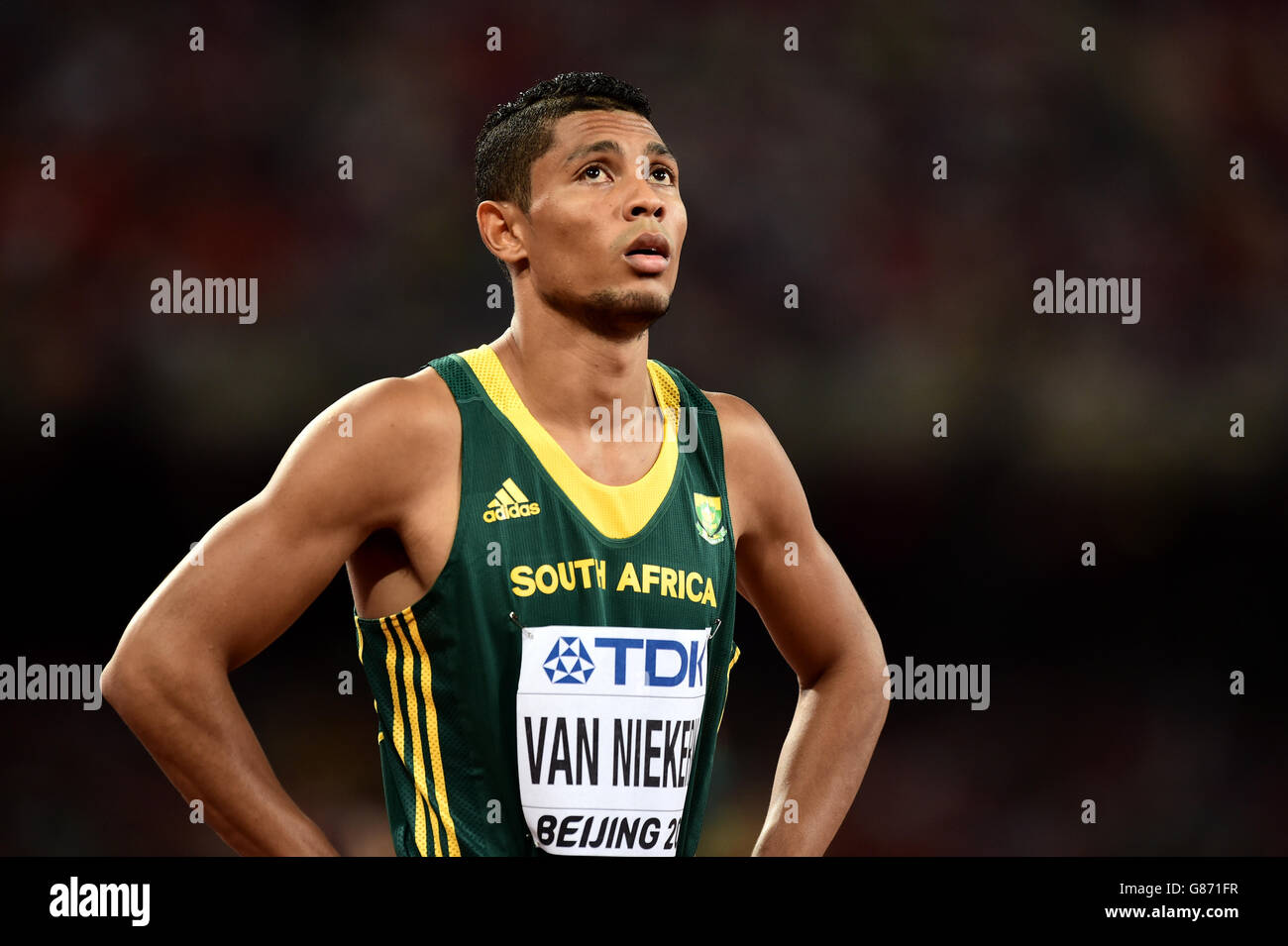 Südafrikas Wayde Van Niekerk vor dem 400-Meter-Finale der Männer am fünften Tag der IAAF-Weltmeisterschaft im Beijing National Stadium, China. Stockfoto