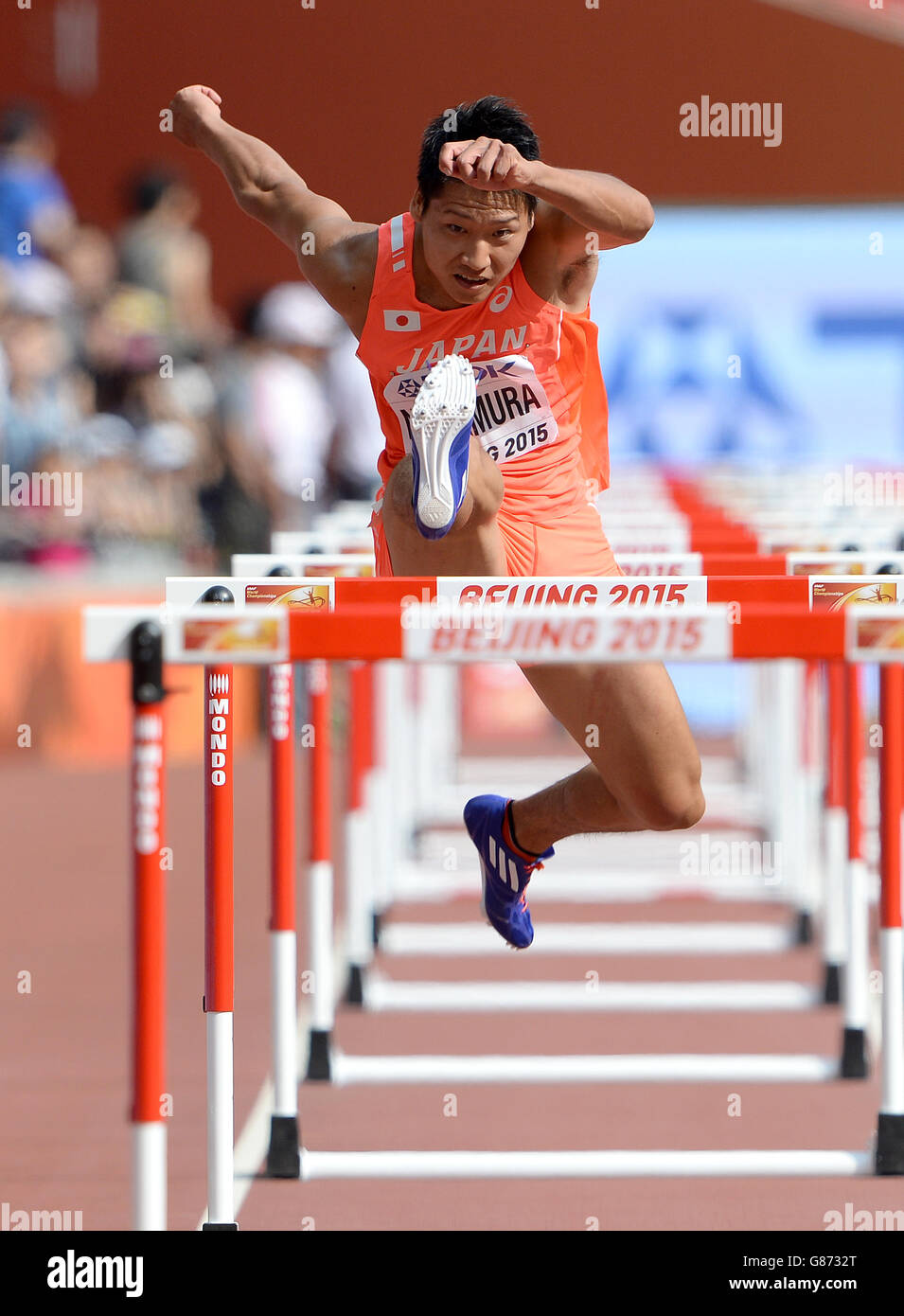 Japans Akihiko Nakamura, in Aktion während der 110-m-Hürden-Element des Männer-Zehnkampf, während Tag acht der IAAF-Weltmeisterschaften im Beijing National Stadium, China. DRÜCKEN Sie VERBANDSFOTO. Bilddatum: Samstag, 29. August 2015. Siehe PA Story ATHLETICS World. Bildnachweis sollte lauten: Martin Rickett/PA Wire. EINSCHRÄNKUNGEN: . Keine Übertragung von Ton oder bewegten Bildern und keine Videosimulation. Weitere Informationen erhalten Sie unter der Nummer 44 (0)1158 447447 Stockfoto