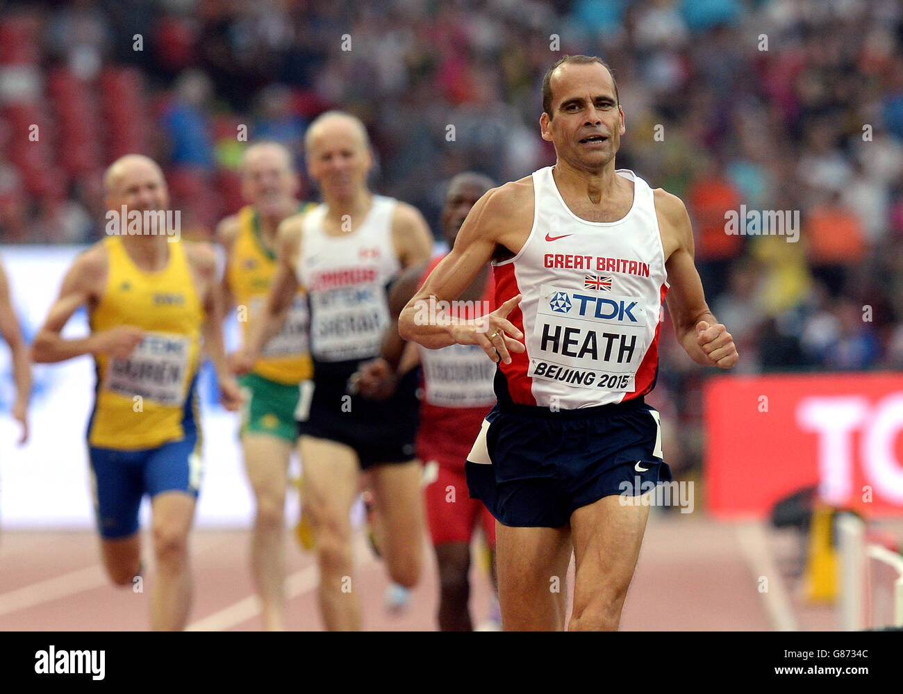 Der britische David Heath gewinnt am achten Tag der IAAF-Weltmeisterschaft im Beijing National Stadium, China, das 800-Meter-Masters-Event. DRÜCKEN Sie VERBANDSFOTO. Bilddatum: Samstag, 29. August 2015. Siehe PA Story ATHLETICS World. Bildnachweis sollte lauten: Martin Rickett/PA Wire. EINSCHRÄNKUNGEN: . Keine Übertragung von Ton oder bewegten Bildern und keine Videosimulation. Weitere Informationen erhalten Sie unter der Nummer 44 (0)1158 447447 Stockfoto