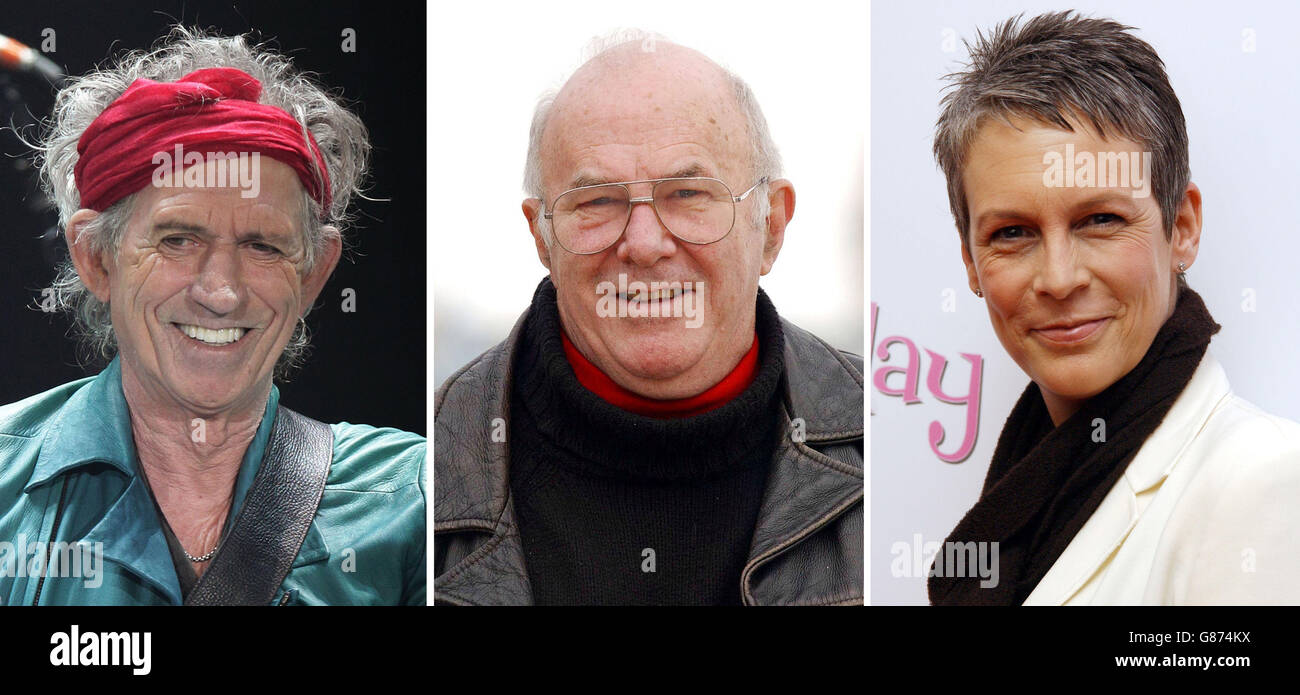 Filet Fotos von Keith Richards, Clive James und Jamie Lee Curtis (von links). Stockfoto