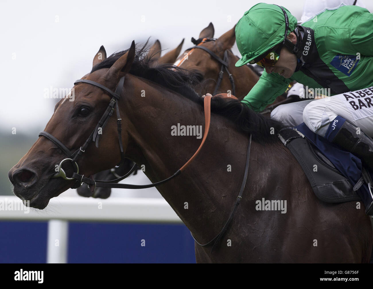 Halation geritten Jamie Spencer vom Team Großbritannien und Irland gewinnt das Dubai Duty Free Shergar Cup Mile Race während des Dubai Duty Free Shergar Cup auf der Ascot Racecourse, Ascot. DRÜCKEN Sie VERBANDSFOTO. Bilddatum: Samstag, 8. August 2015. Siehe PA Story RACING Ascot. Bildnachweis sollte lauten: Julian Herbert/PA Wire. Die Nutzung unterliegt Einschränkungen. Keine kommerzielle oder werbliche Nutzung. Keine Privatverkäufe. Weitere Informationen erhalten Sie unter +44 (0)1158 447447. Stockfoto