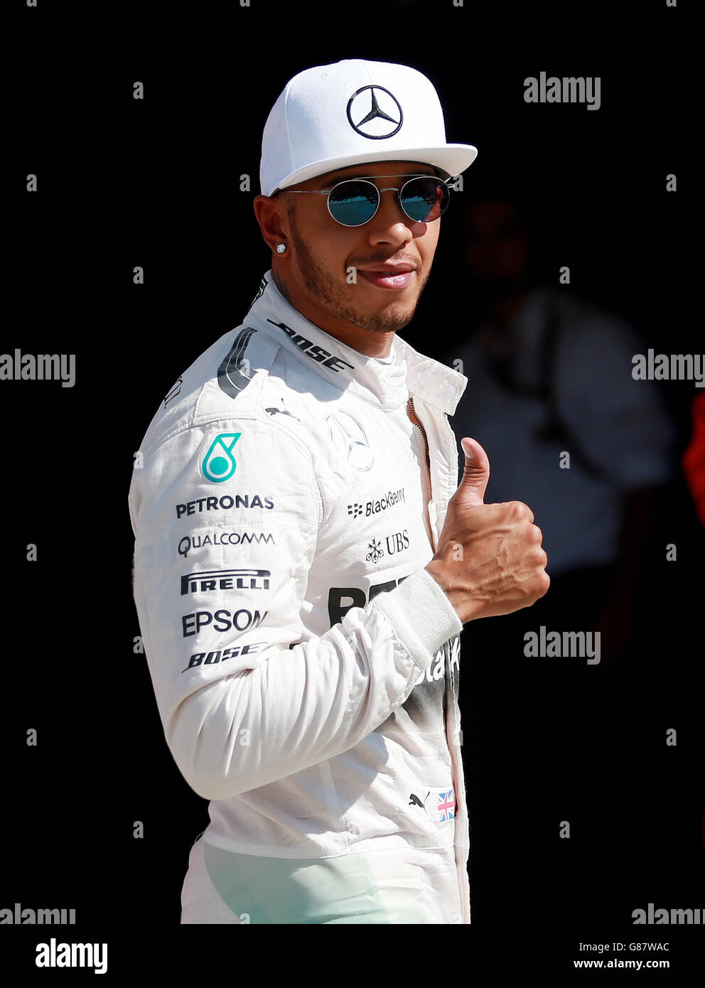 Mercedes Lewis Hamilton feiert seine Pole-Position am Qualifying-Tag für den Großen Preis von Italien 2015 in Monza, Italien. Stockfoto