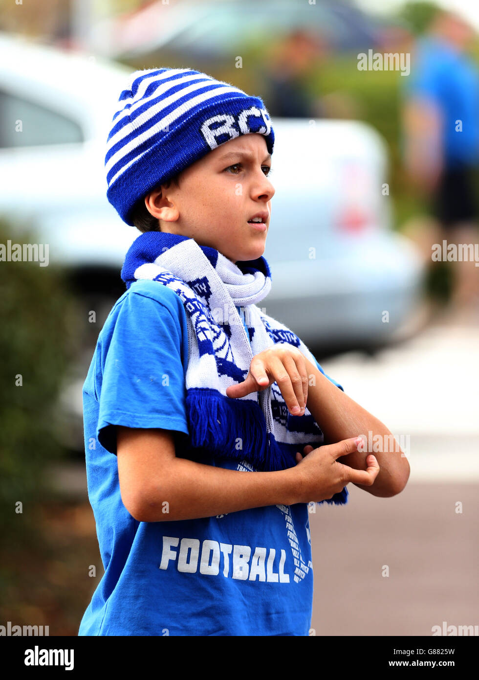 Fußball - Sky Bet Championship - MK Dons / Birmingham City - Stadion:mk. Birmingham City Fan vor dem Spiel Stockfoto