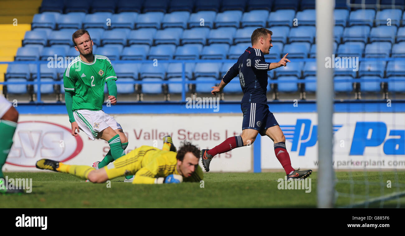 Der Schottlands Ryan Fraser feiert beim UEFA European Championships Qualifying Match 2017 im Mourneview Park, Lurgan, ein Tor gegen Nordirland. Stockfoto