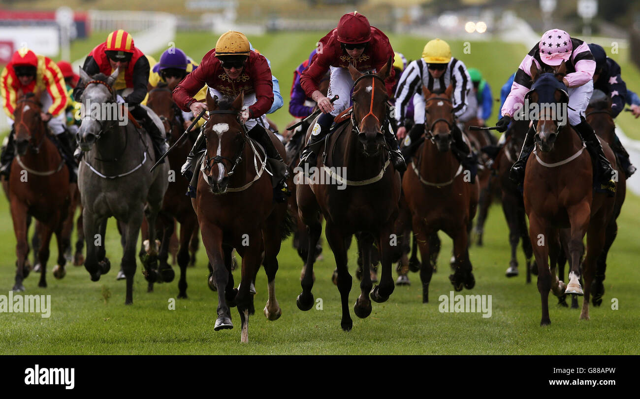 Glass House von Garry Carroll (Mitte, orangefarbene Kappe) auf dem Weg zum Gewinn der Tattersalls Ireland Super Auction Sale Stakes am zweiten Tag des Longines Irish Champions Weekend auf der Curragh Racecourse, Irland. Bilddatum: Sonntag, 13. September 2015. Stockfoto