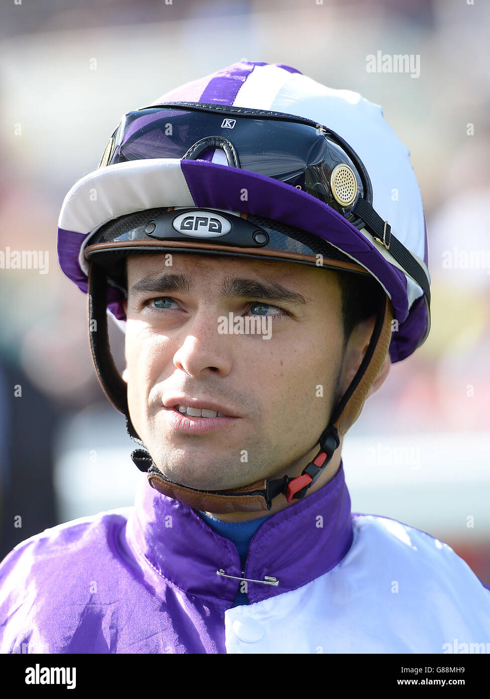 Jockey Umberto Rispoli am vierten Tag des Ladbrokes St Leger Festivals 2015 auf der Doncaster Racecourse, Doncaster. Stockfoto