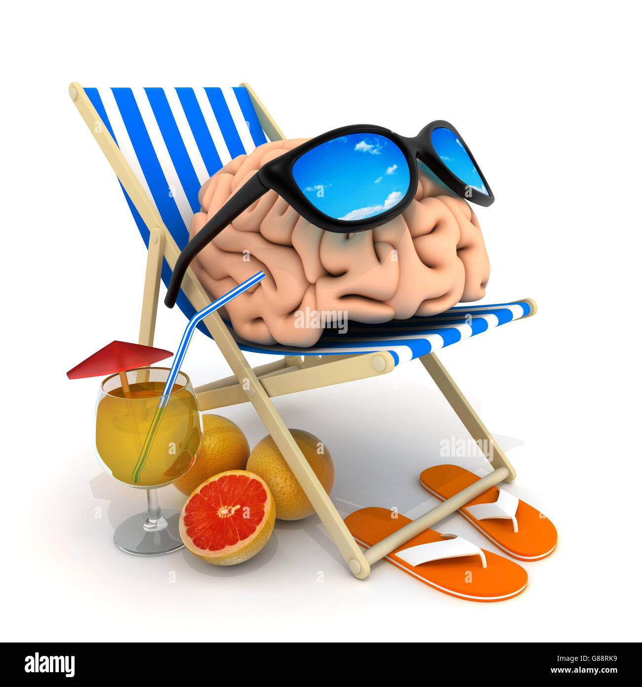 Strandliege und Gehirn (durchgeführt in 3D-Rendering) Stockfoto