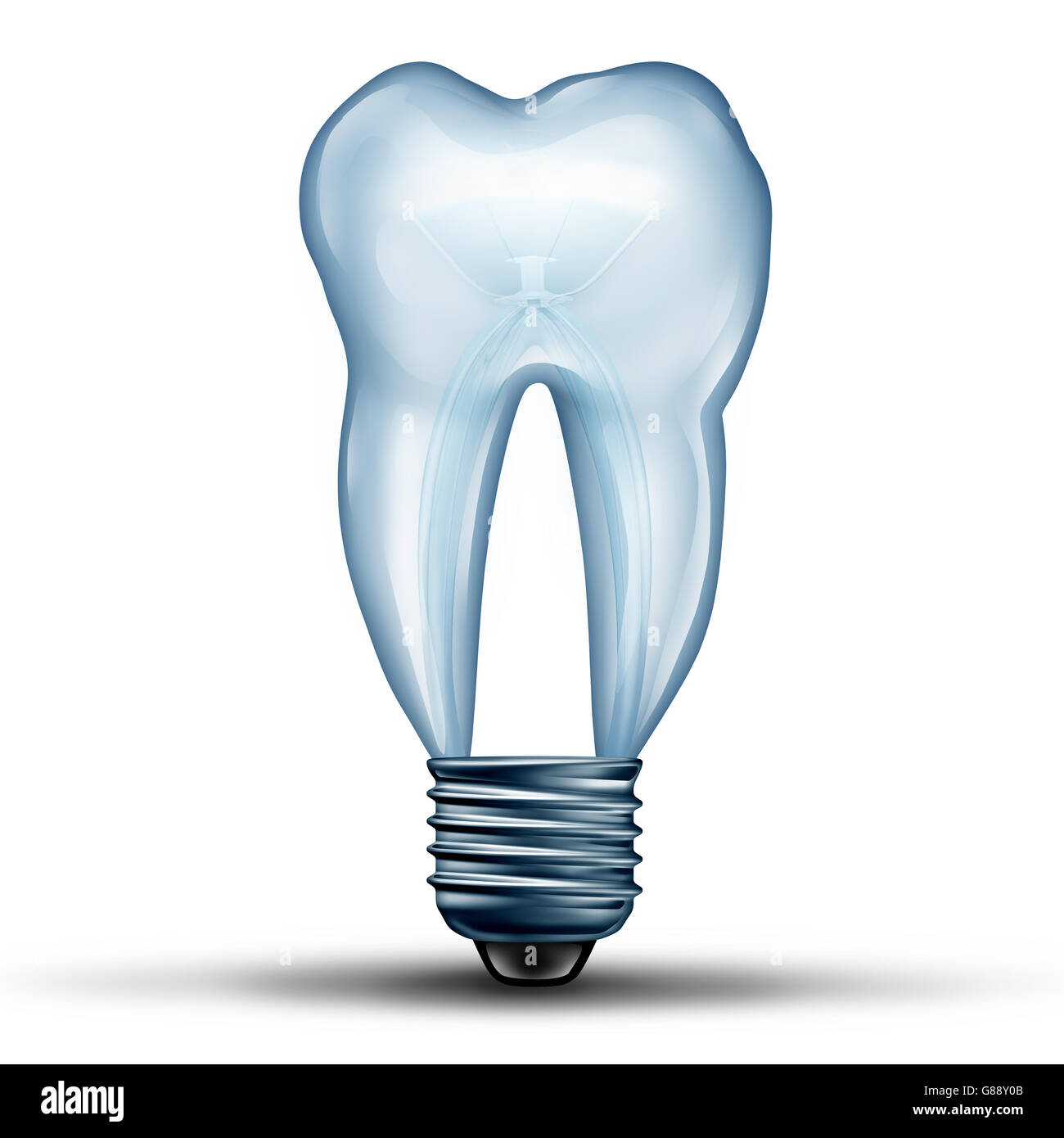 Zahn-Idee als eine Glühlampe oder Glühbirne geformt als menschlichen Molaren Zähnen Symbol Form als Symbol für Zahngesundheit und Zahnmedizin oder Stomatologie Arztsymbol als 3D Darstellung. Stockfoto