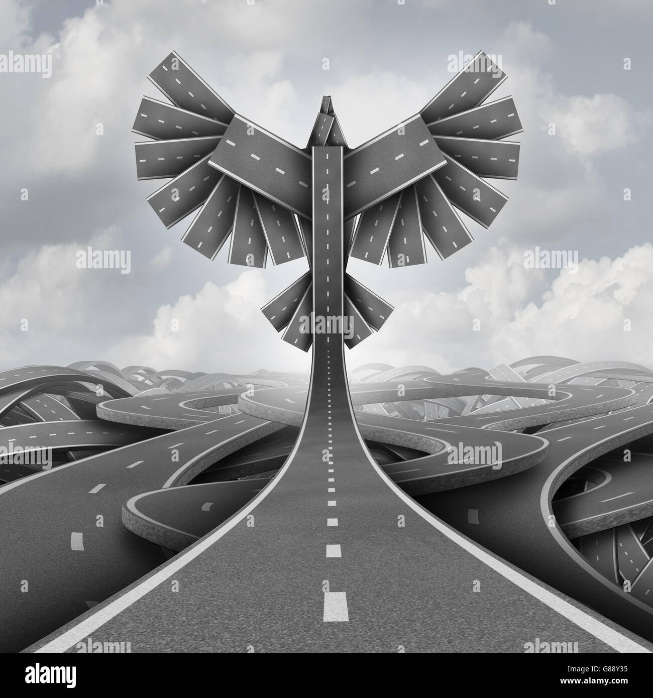 Offroad-Freiheit-Konzept als eine Gruppe von Autobahn Pfade gruppiert zusammen geformt als fliegende Vogel Flügel als Geschäft oder Leben Motivation Erfolg Symbol aufsteigend nach oben ausbrechen Verwirrung in Richtung Gelegenheit als eine 3D Darstellung. Stockfoto