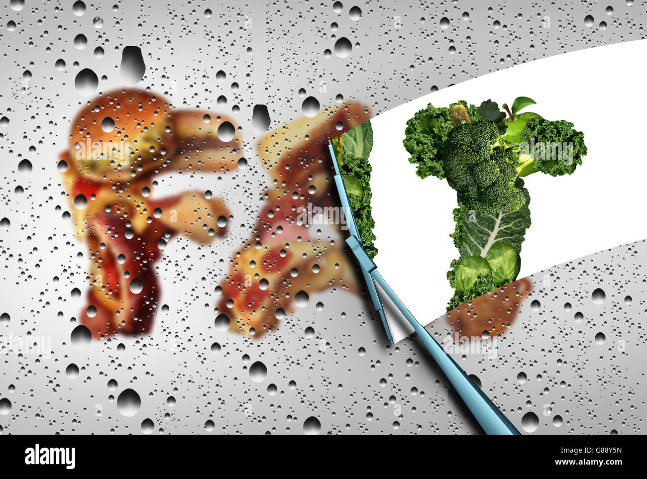 Verlieren Sie Fett Ernährungskonzept als einen Scheibenwischer Wischen entfernt eine Gruppe von fetthaltigen fettigen Junk-Food enthüllt gesundes grünes Gemüse und Obst als eine Entgiftung und Reinigung Ihrer Diät-Symbol mit 3D Abbildung Elemente. Stockfoto