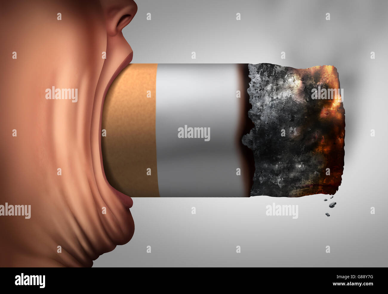 Rauchen Gewohnheit sucht nach Nikotin und Tabak-Konzept als Raucher mit einer riesigen Zigarette in einem weiten, offenen Mund als ein Konzept für Stockfoto