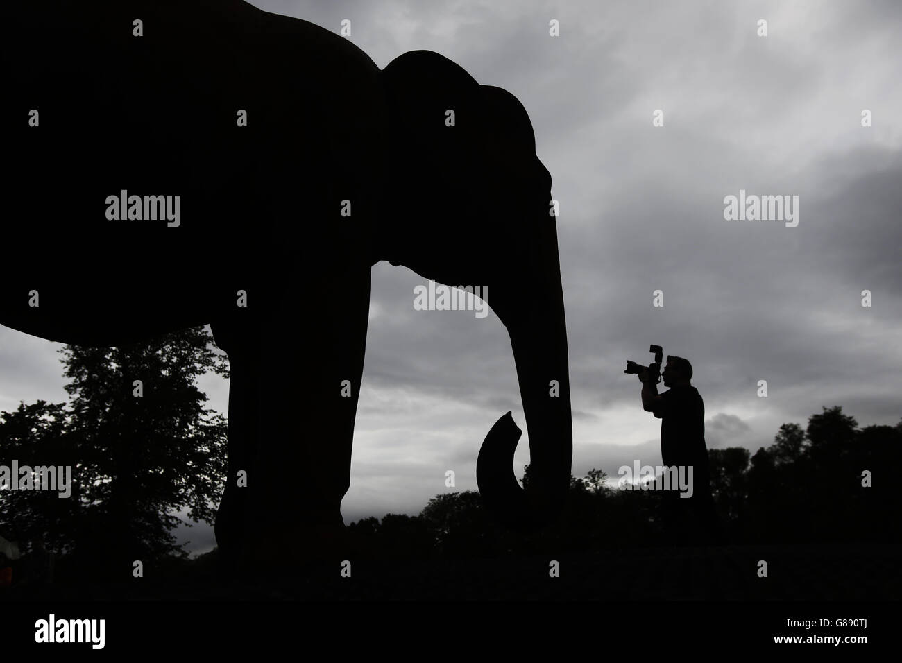 Stand-alone-Foto. Ein Pressefotograf bei der Enthüllung eines lebensgroßen asiatischen Elefanten, teilweise aus Schrott Lokomotive Form gegossen die Werften von Govan, im Bellahouston Park in Glasgow. Stockfoto