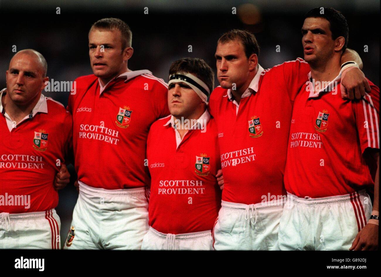 Rugby Union - British Lions Tour of South Africa - Zweiter Test. L-R: Keith Wood, Tim Rodber, Tom Smith, Lawrence Dallaglio und Captain Martin Johnson, alle British Lions Stockfoto