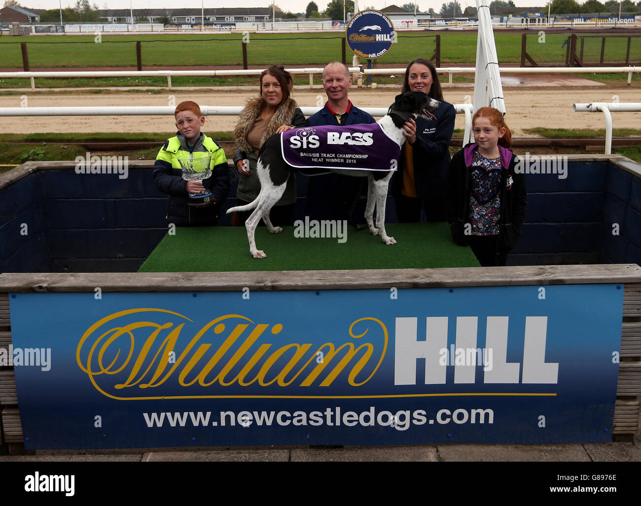 Greyhound Racing - Newcastle Greyhound Stadium. Gewinner des Rennens 14.42 Pinpoint Lily in Newcastle. Stockfoto