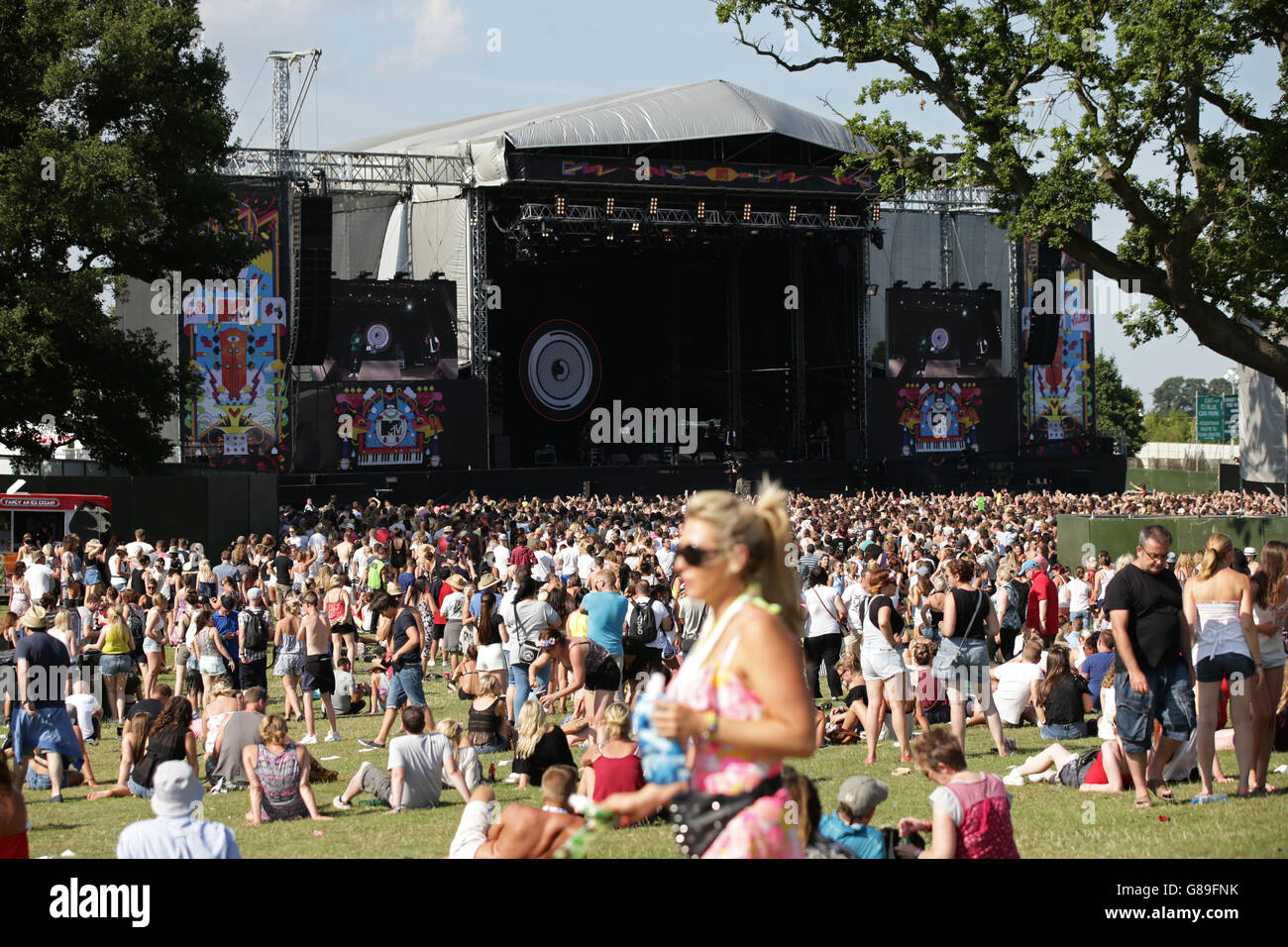 V Festival 2015 erster Tag - Chelmsford. Festivalbesucher an der MTV-Bühne, während des V Festivals im Hylands Park in Chelmsford, Essex. Stockfoto