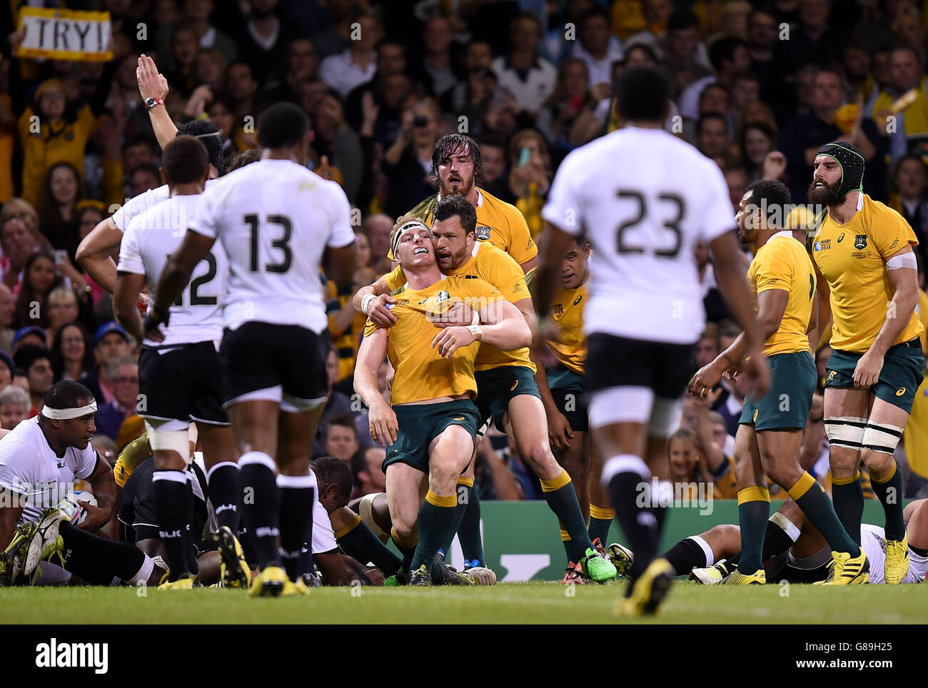 Der Australier David Pocock wird von seinen Teamkollegen nach einem Versuch während des Rugby-WM-Spiels im Millennium Stadium, Cardiff, gratuliert. Stockfoto