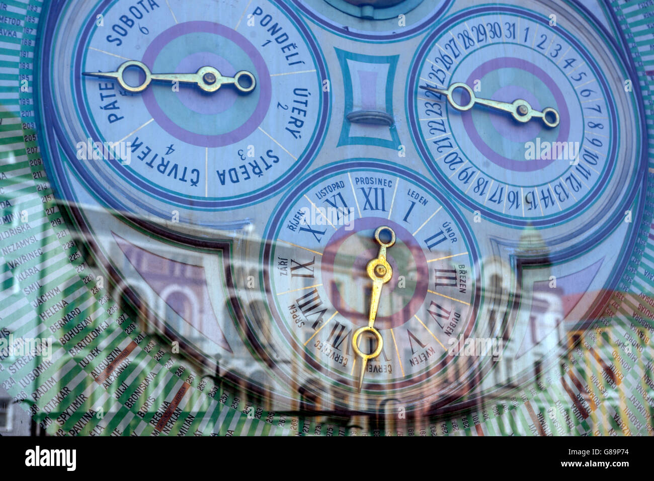 Die astronomische Uhr. Wählscheiben und Zeitanzeigen. Olomouc, Südmähren, Tschechien, Europa große Uhren Stockfoto