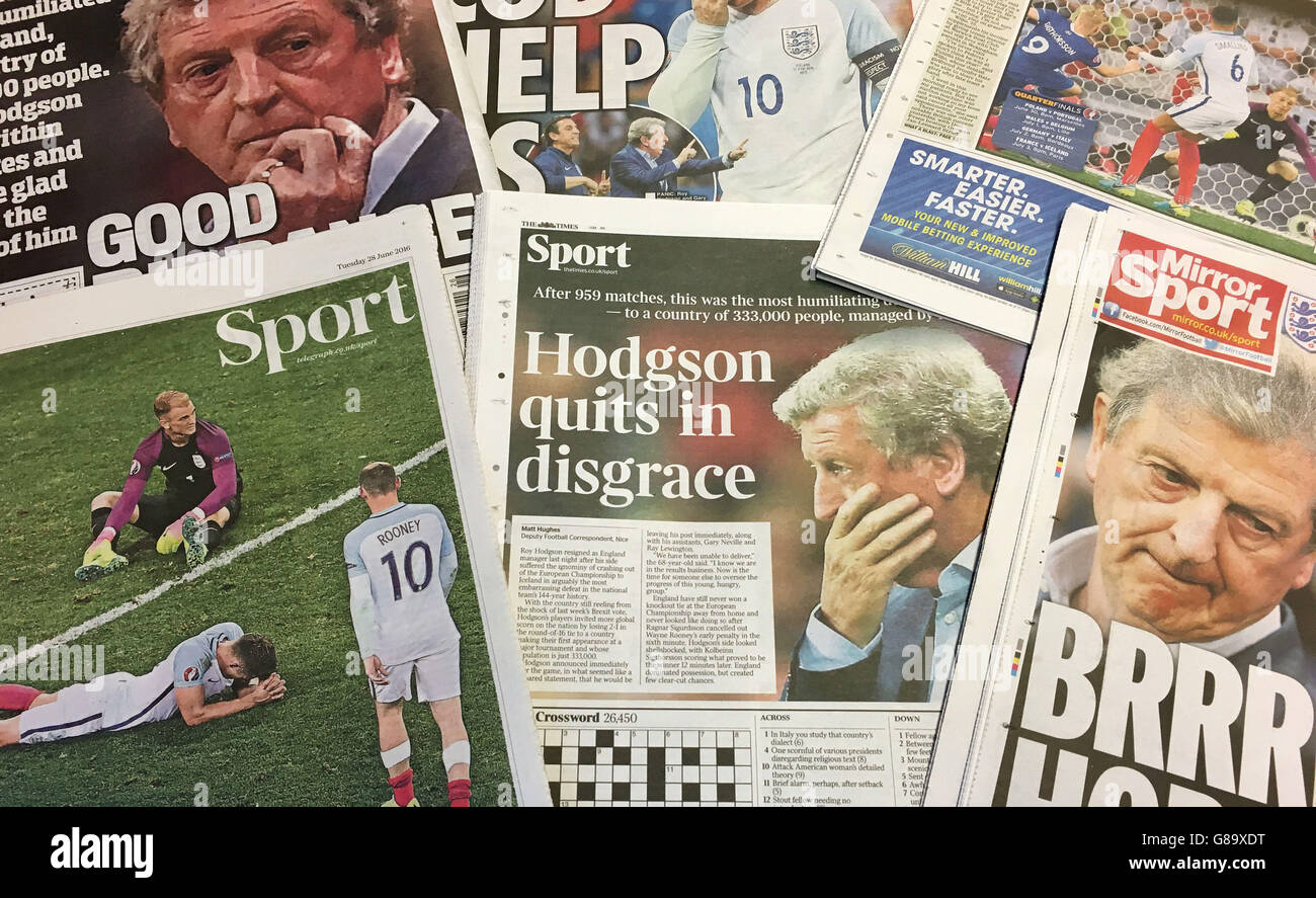 Eine Auswahl der heutigen Zeitung Rückseiten, die Englands 2: 1-Niederlage gegen Island in Euro 2016 verurteilen. Stockfoto