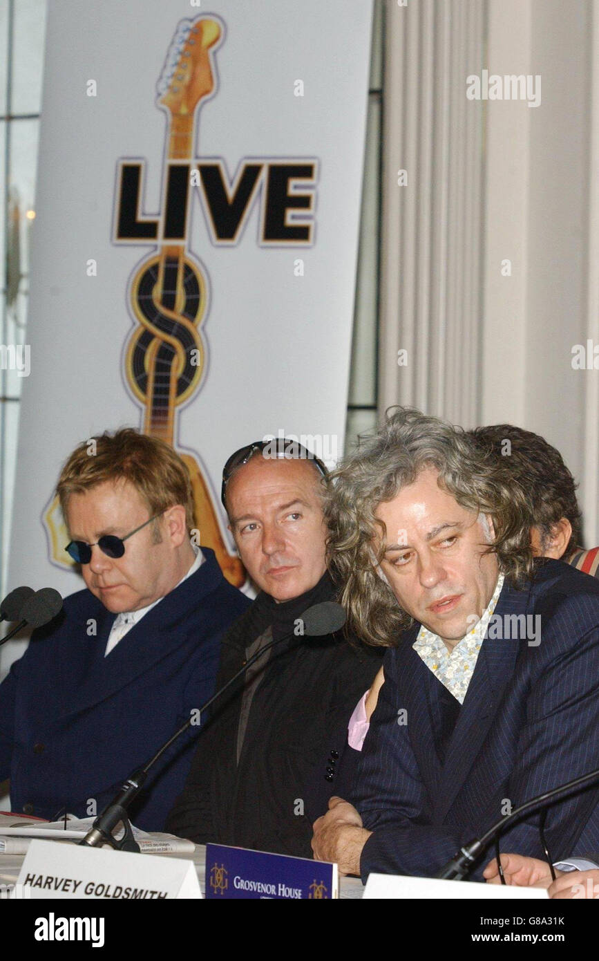 (Von links nach rechts) Sir Elton John, Midge Ure und Sir Bob Geldof. Stockfoto