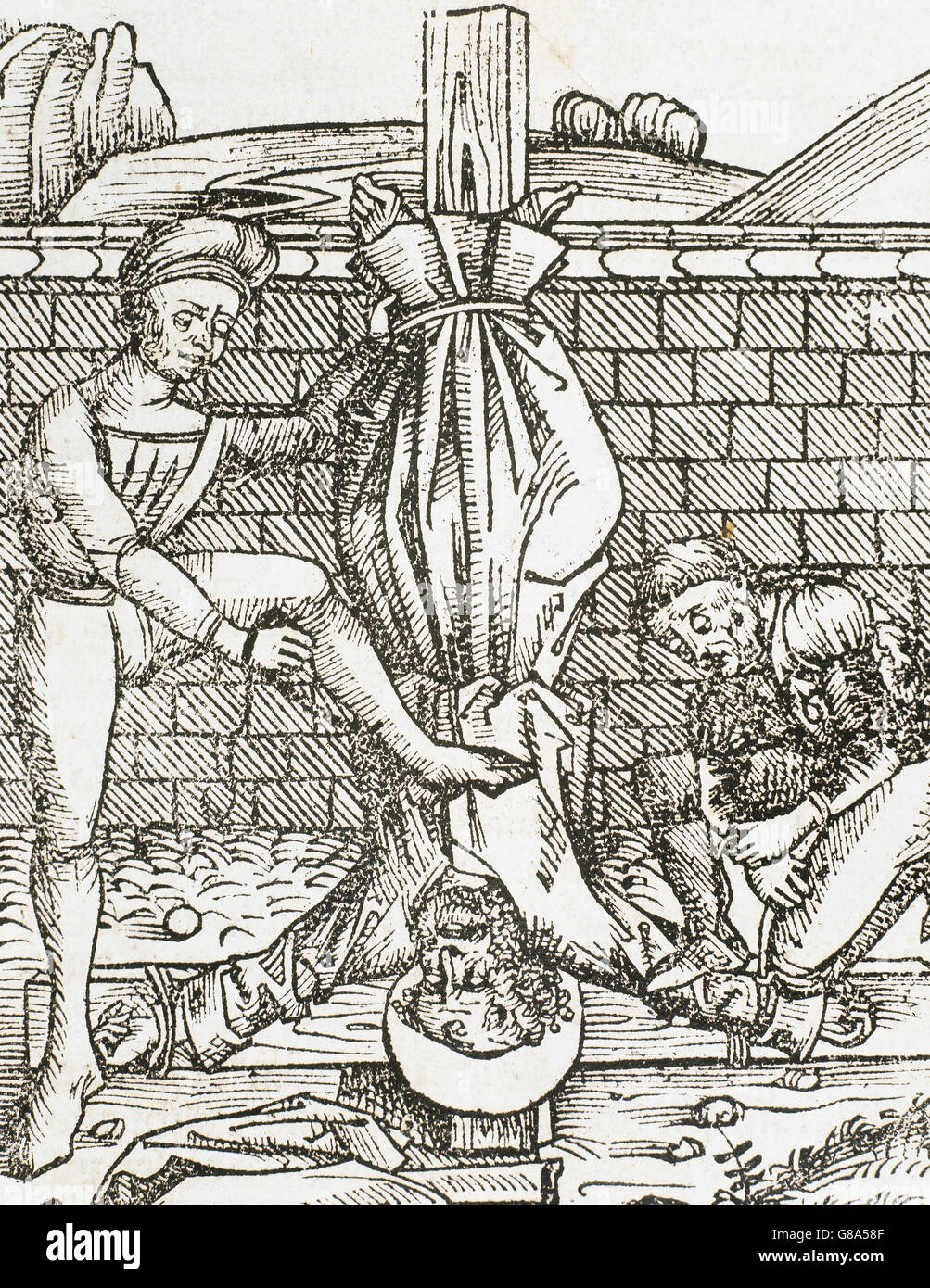 Martyrium des Heiligen Petrus. Kupferstich aus dem 16. Jahrhundert. Stockfoto