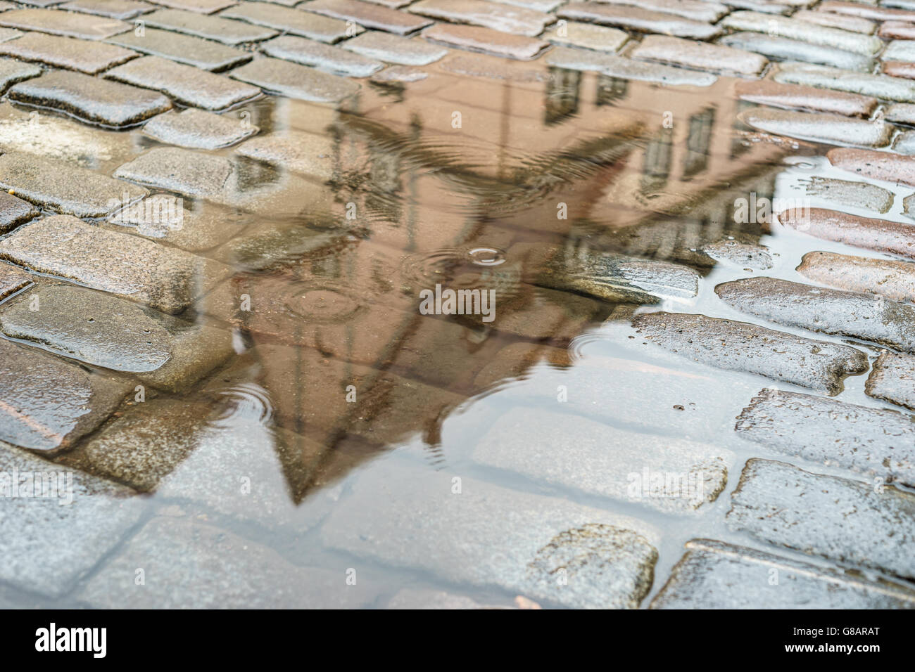 Gepflasterte Straße an regnerischen Tag, Reflexion, Wellen und Kreise auf der Oberfläche der Pfütze. Selektiven Fokus Stockfoto