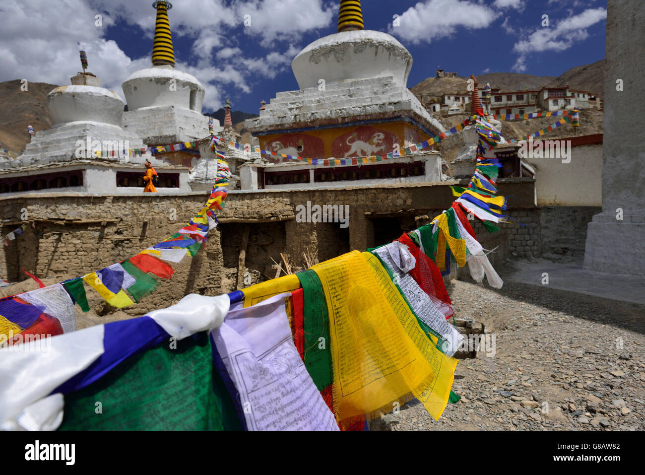 Gebetsfahnen, Kloster Lamayuru, Ladakh, Jammu und Kaschmir, Indien Stockfoto