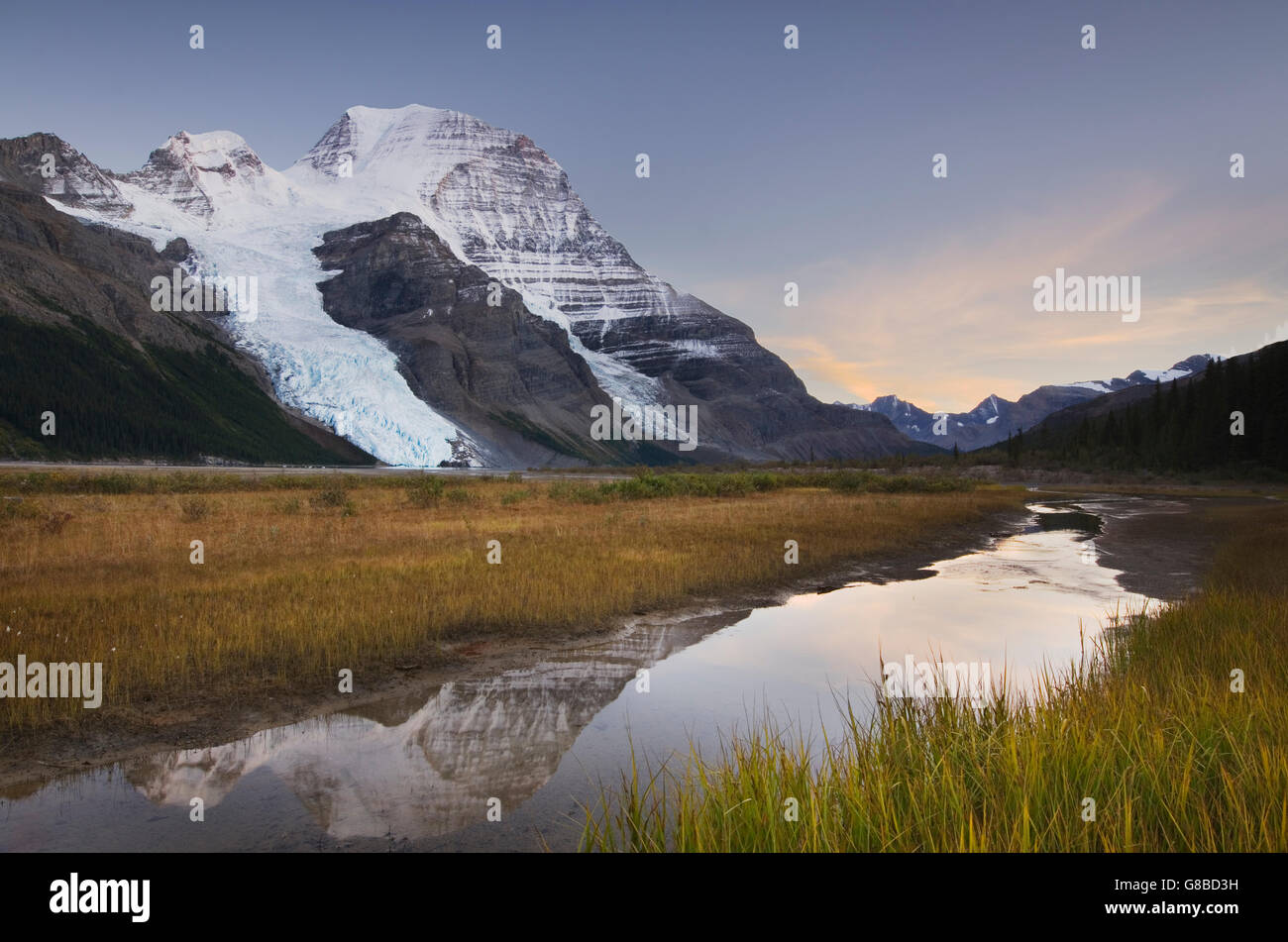 Mount Robson, dem höchsten Berg in den kanadischen Rockies, Höhe 3.954 m (12.972 ft), gesehen vom Berg Lake, Mount Robson Provinc Stockfoto