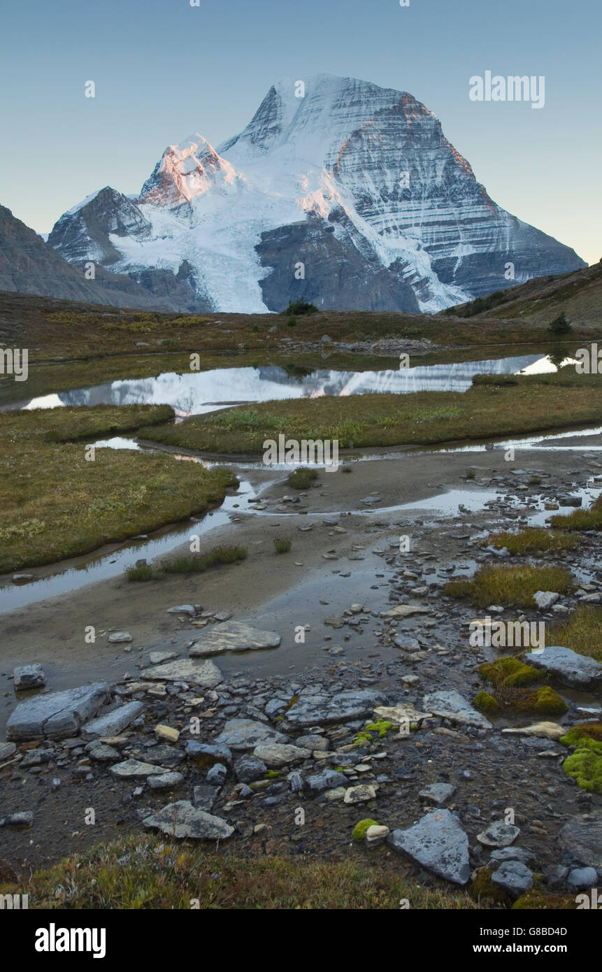 Mount Robson, dem höchsten Berg in den kanadischen Rockies, Höhe 3.954 m (12.972 ft), von Mumm Basin, Mount Robson Provinz gesehen Stockfoto