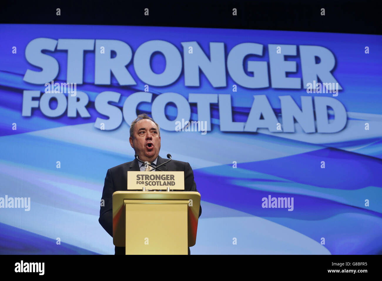 Alex Salmond, ehemaliger SNP-Leiter, spricht auf der SNP National Conference im Aberdeen Exhibition and Conference Centre in Schottland. Stockfoto