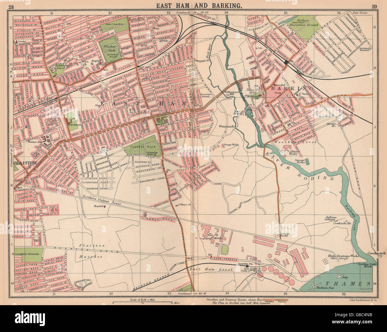 LONDON-E: Ost Schinken Sie bellenden Plaistow Beckton. Bus & Straßenbahn Routen, 1913 alte Karte Stockfoto