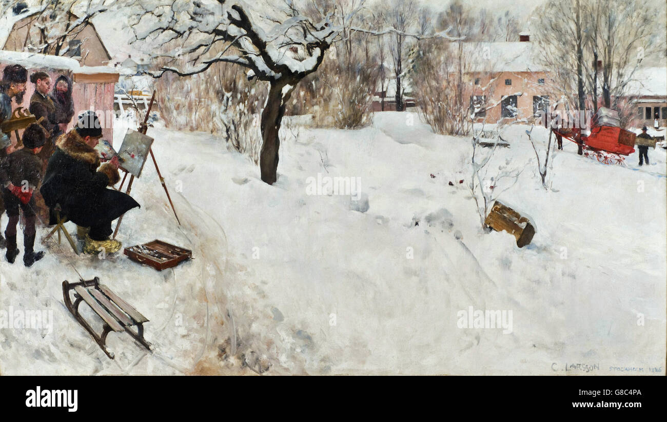 Carl Larsson - Open-Air-Maler. Winter-Motiv aus Åsögatan 145, Stockholm Stockfoto