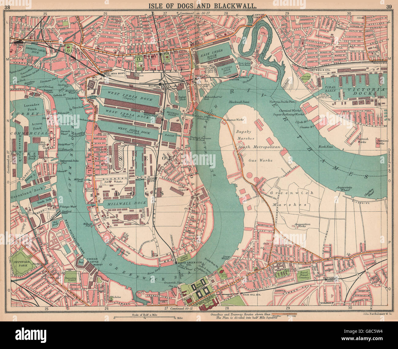 LONDON-E: Insel der Hunde Blackwall Greenwich Pappel Surrey Docks, 1913 alte Karte Stockfoto