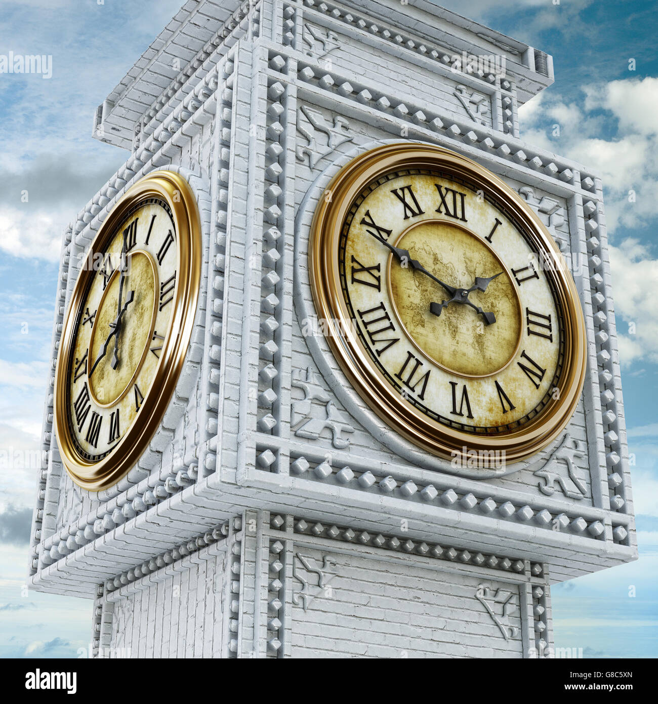 Gold und Stein Antik Uhrturm Hintergrund. 3D Illustration. Stockfoto