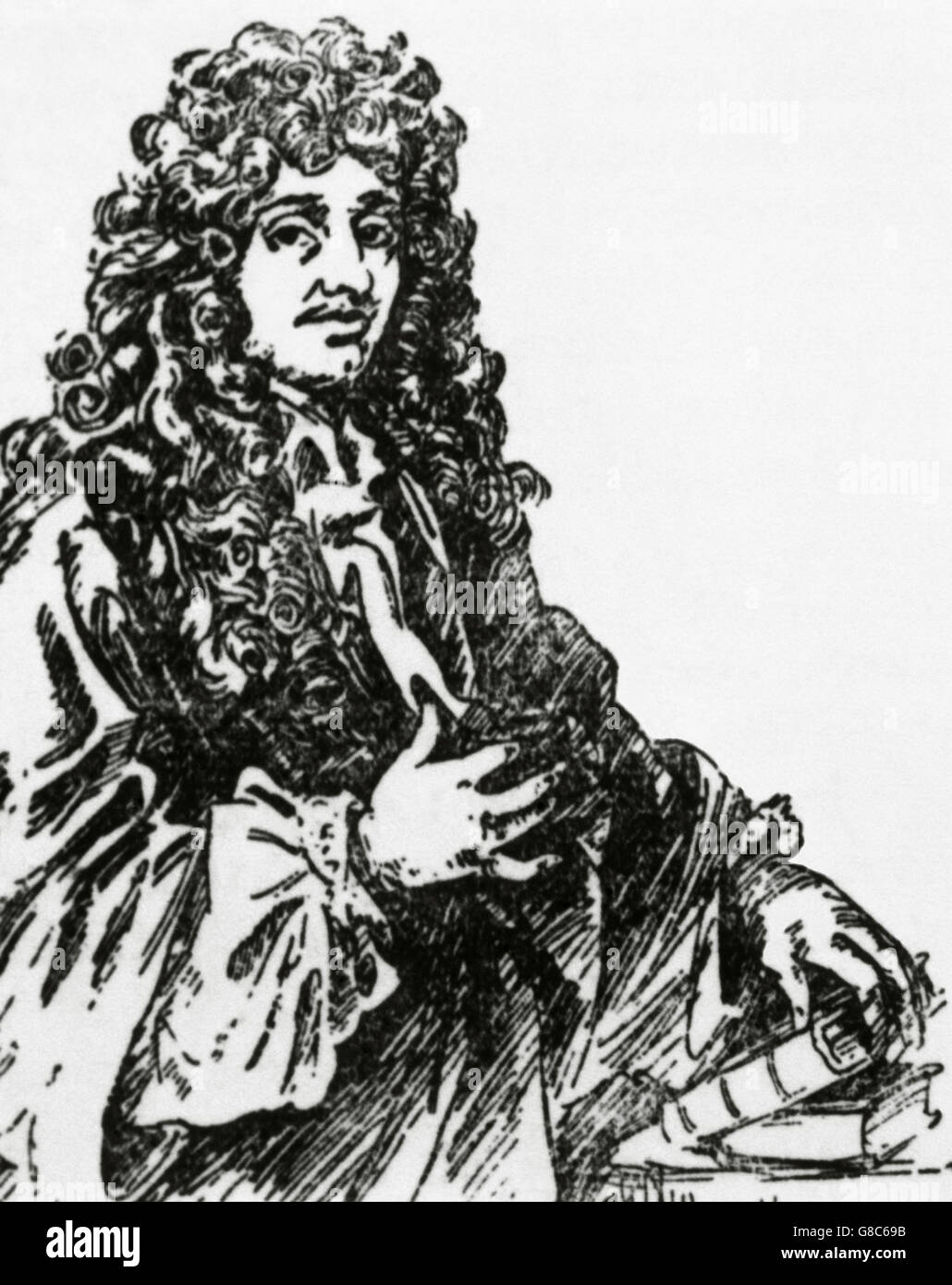 Christiaan Huygens (1629-1695). Niederländischer Mathematiker und Wissenschaftler. Er ist bekannt vor allem als Astronom, Physiker, Probabilist und Uhrmacherei. Porträt. Gravur. Stockfoto