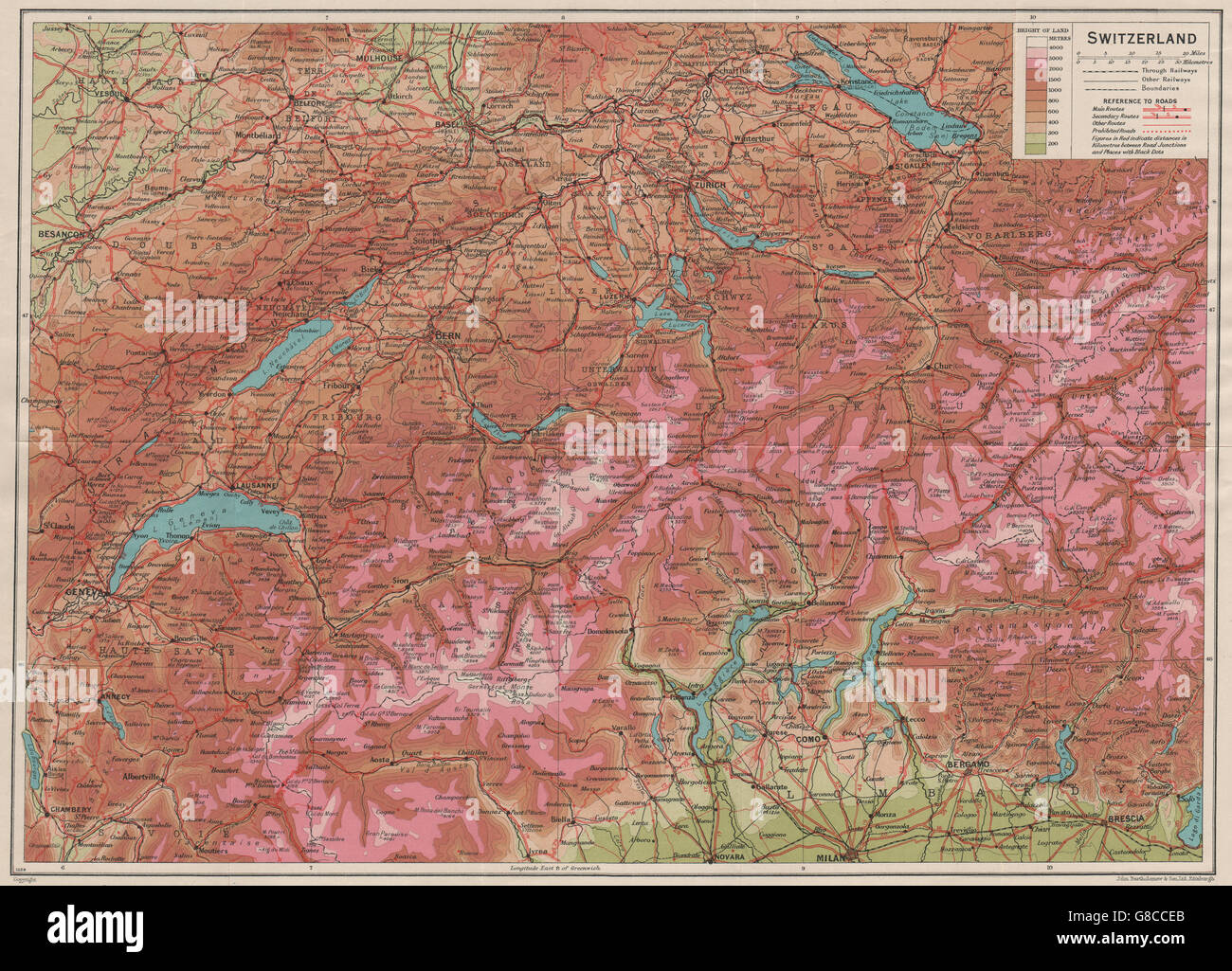 RELIEF DER SCHWEIZ. Vintage Karte Plan. Straßen. Suisse-Schweiz, 1930 Stockfoto