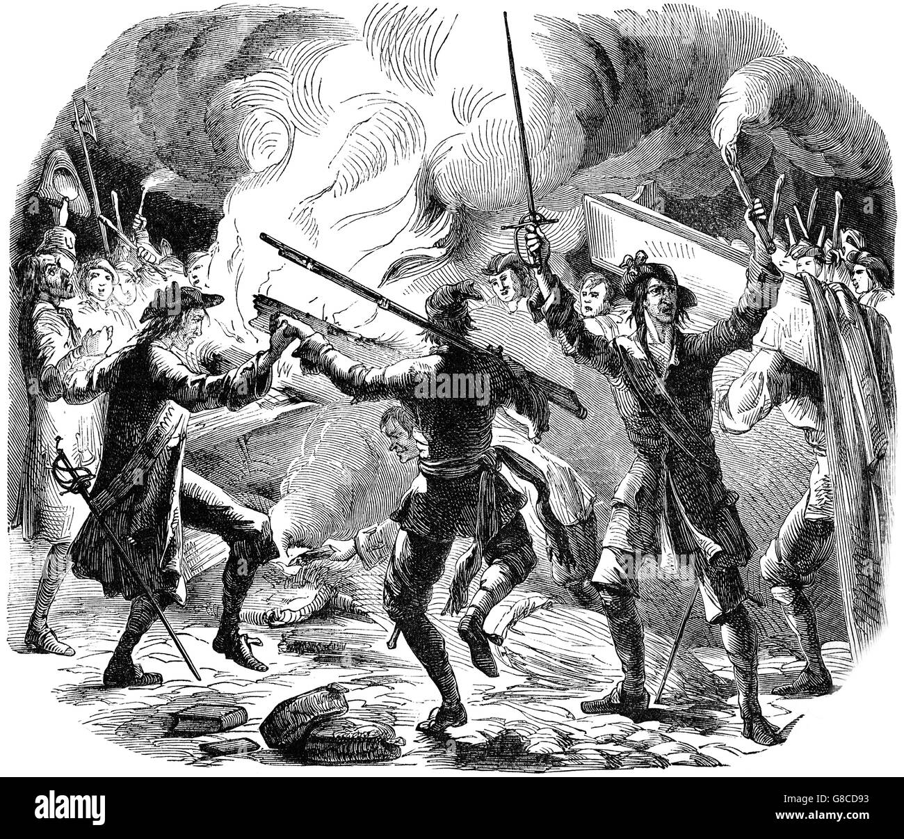 Sacheverell Randalierer zerstören die Möbel einer Kapelle in der Nähe von Gasthaus Lincolns in London. Die Unruhen waren eine Reihe von Ausbrüchen, die über England im Jahre 1710 verteilt Unterstützer der Tories angegriffen Andersdenkende Häuser und Versammlungshäuser, deren Gemeinden tendenziell die Whigs zu unterstützen. Stockfoto