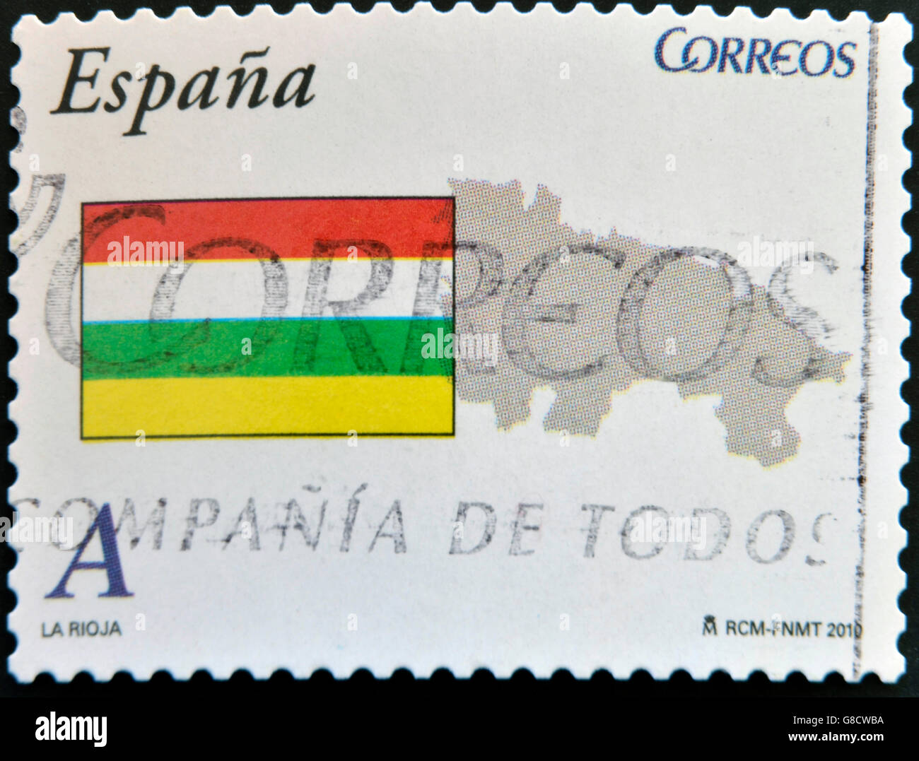 Spanien - ca. 2010: Eine Briefmarke gedruckt in Spanien zeigt Flagge und Karten der autonomen Gemeinschaft La Rioja, ca. 2010 Stockfoto