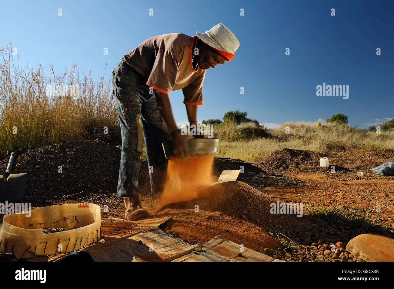 Diamant Bergmann kleiner Bagger Sichten, Südafrika. Stockfoto