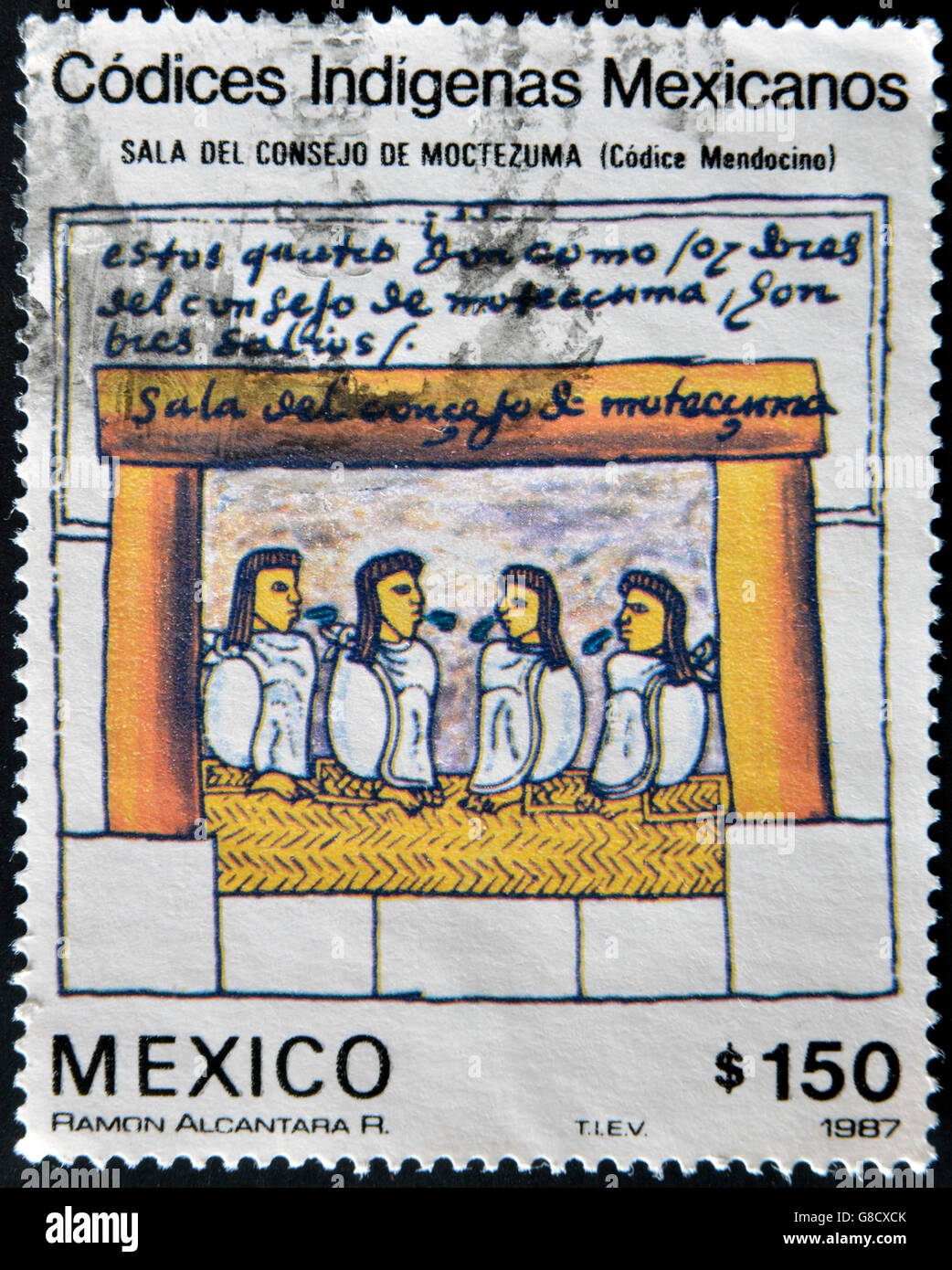 Mexiko - CIRCA 1987: Eine Briefmarke gedruckt in Mexiko gewidmet der mexikanischen indigenen Codices zeigt Rates Hall of Montezuma (Codice m Stockfoto