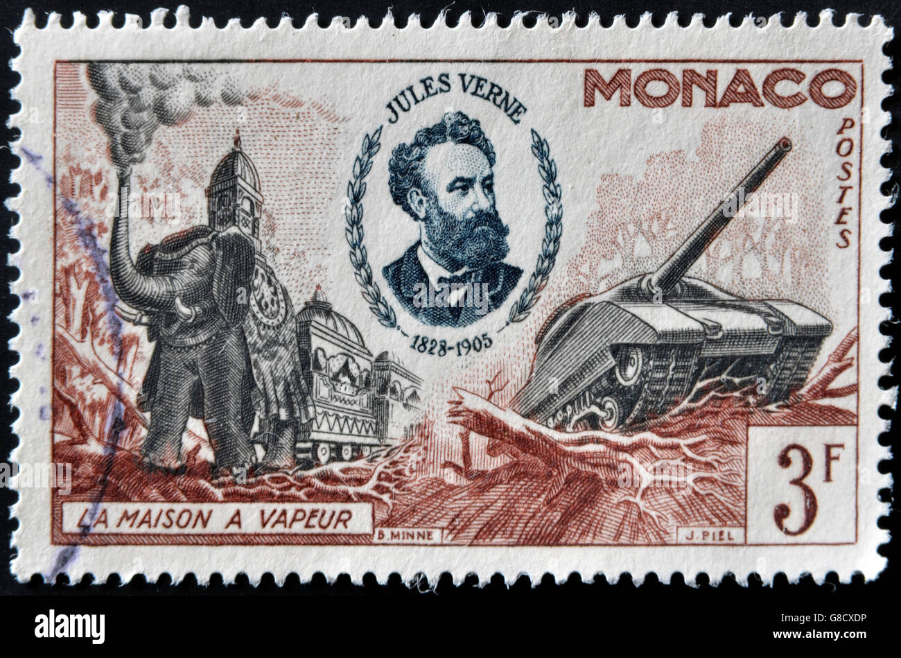 MONACO - ca. 1955: Eine Briefmarke gedruckt in Monaco zeigt Porträt von Jules Verne und Illustration seiner Arbeit mit Inschrift "Stea Stockfoto