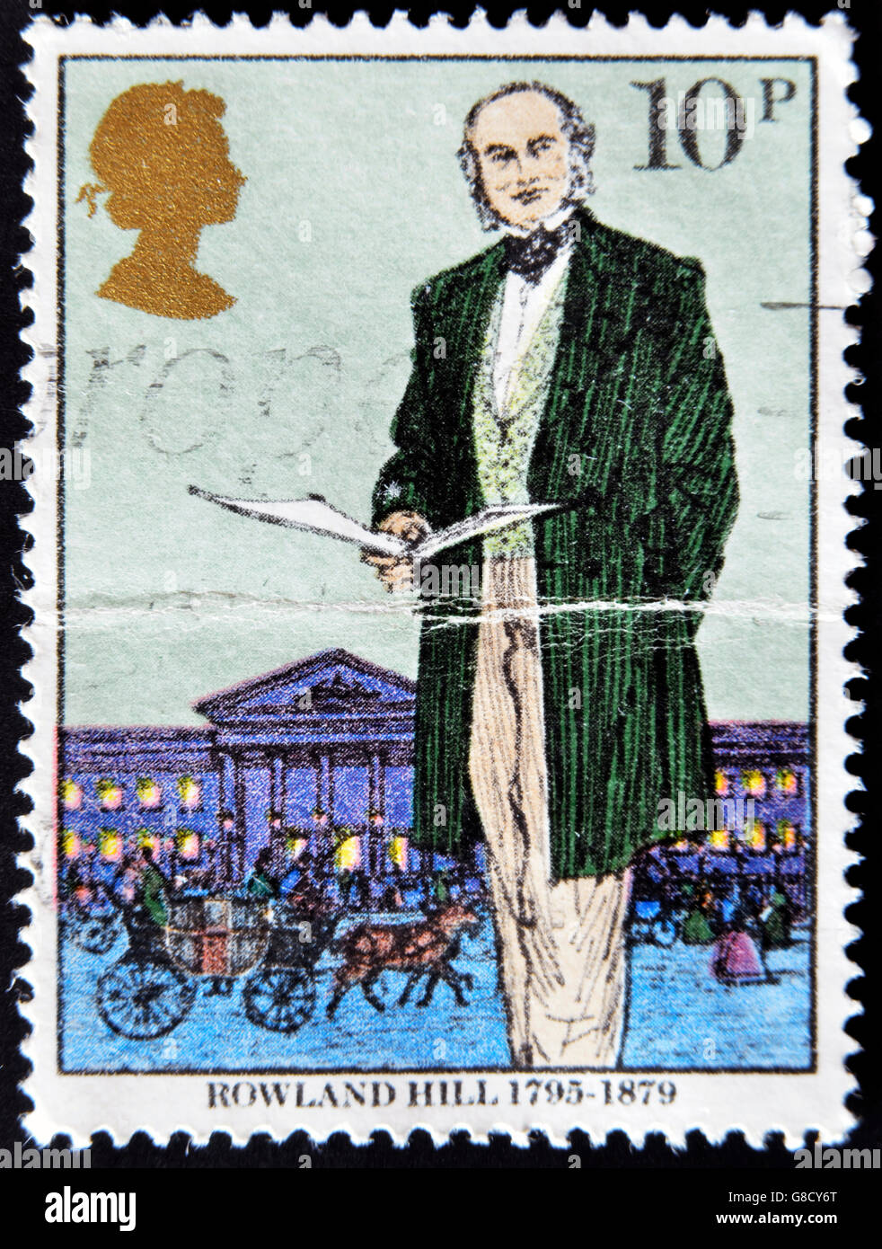 Vereinigtes Königreich - ca. 1979: eine Briefmarke gedruckt in Großbritannien zeigt Sir Rowland Hill, Begründer des Penny-Porto, Reformator Stockfoto