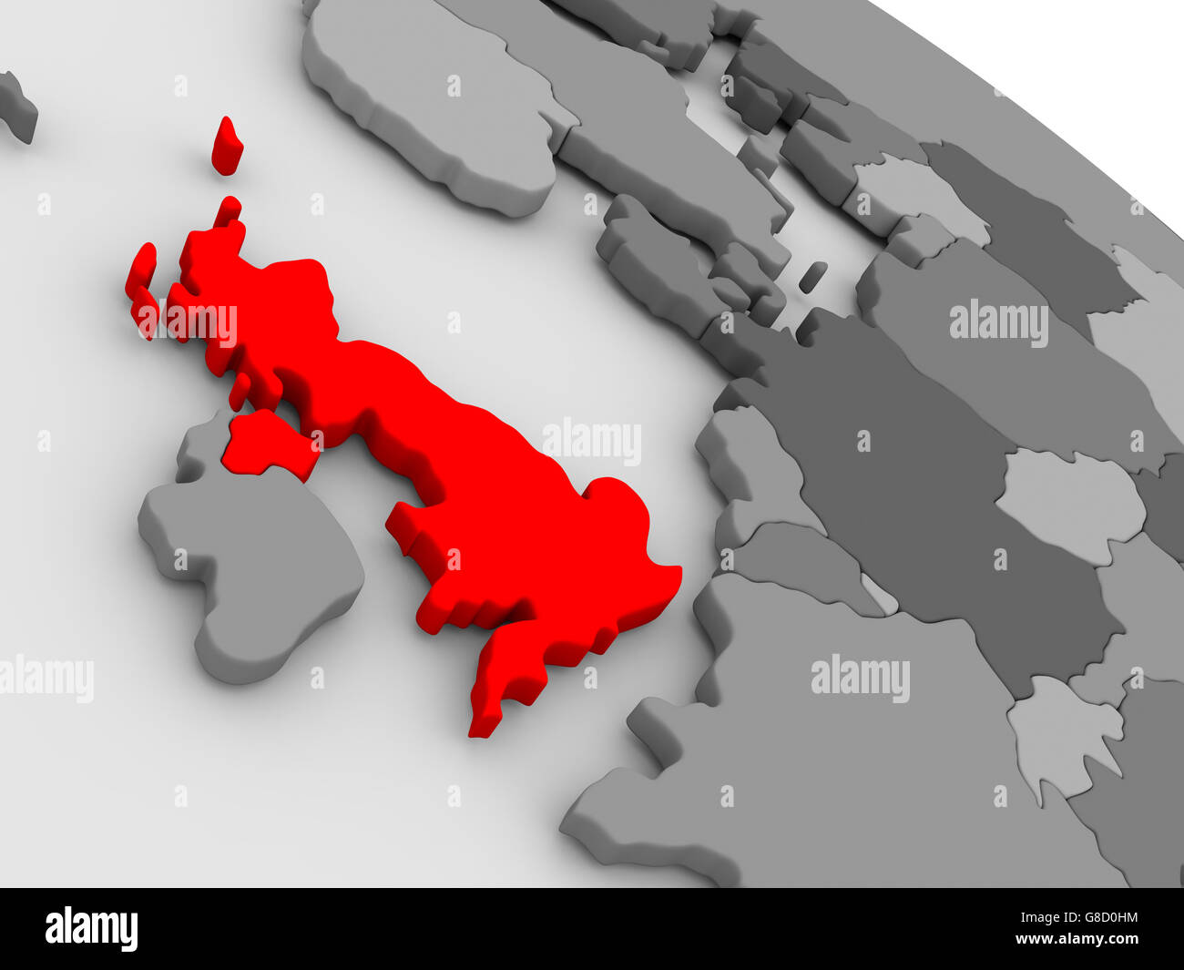 Vereinigtes Königreich nach Vorbild des Globus rot hervorgehoben. 3D illustration Stockfoto