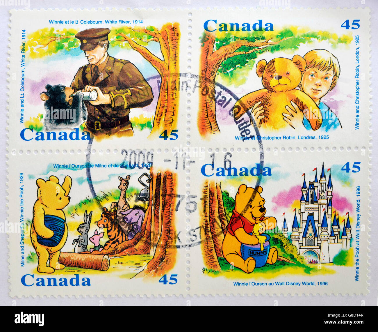Kanada - CIRCA 1996: Vier Briefmarken gedruckt in Kanada zeigt Winnie The Pooh, ca. 1996 Stockfoto