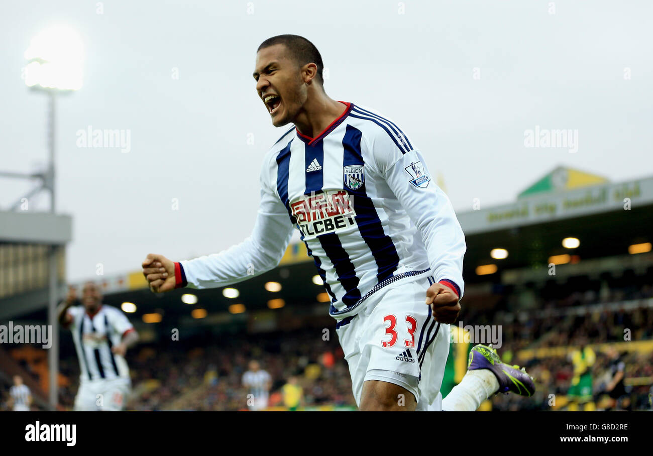 Salomon Rondon von West Bromwich Albion feiert das Tor zum Auftakt während des Spiels der Barclays Premier League in Carrow Road, Norwich. Stockfoto