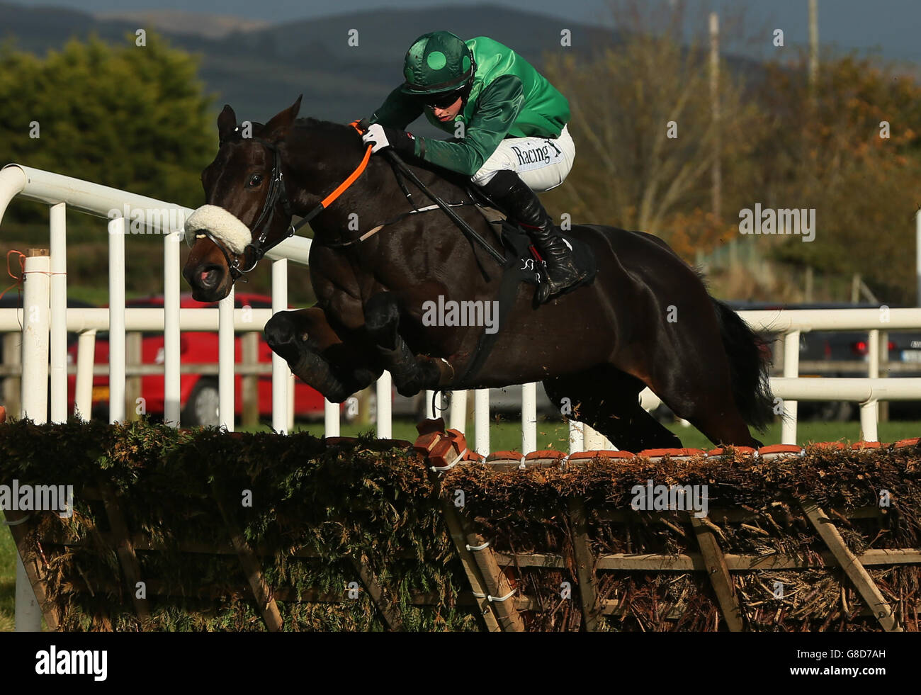 Missy TATA mit Bryan Cooper gewinnt die Value Cabs 3-Y-O-Hürde am zweiten Tag des Northern Ireland Festival of Racing 2015 auf der Down Royal Racecourse, Lisburn, County Down. Stockfoto